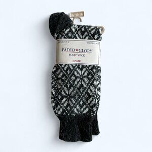 Faded Glory Boot Sock Size 9 - 11 Black & White Acrylic/Mock Mohair Blend NWT